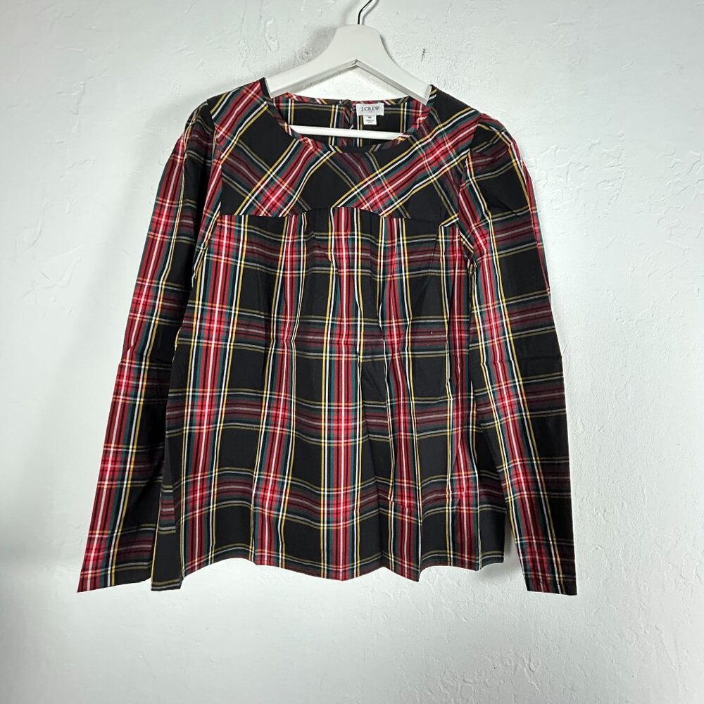 J.Crew Womens Tartan Puff-Sleeve Top Stretch Poplin Medium AG684 Red Black New